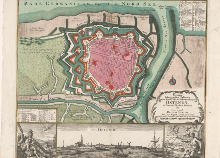 1 Plattegrond van Oostende met stadsgezicht Matthaeus Seutter III 1708 1757