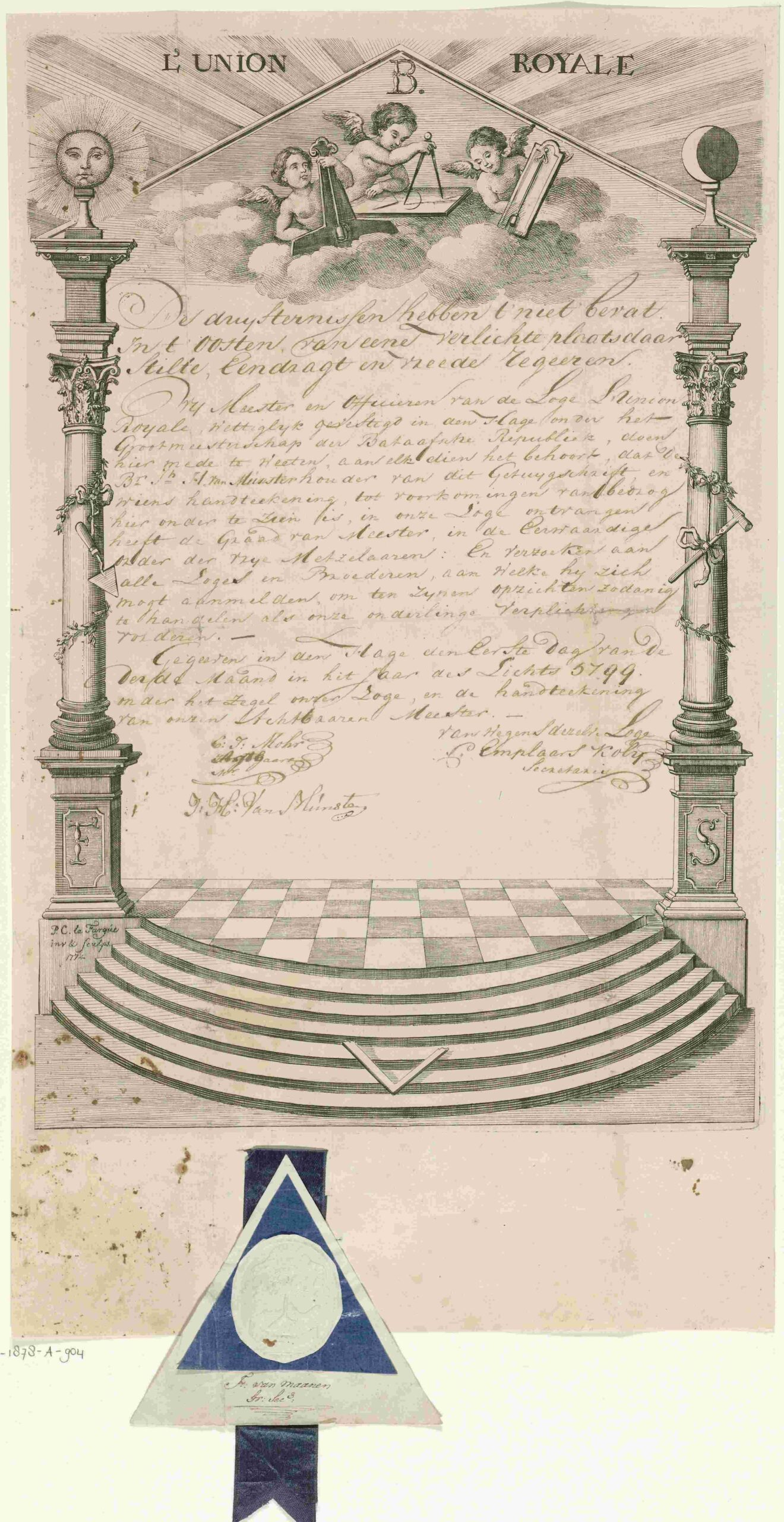 3 Diploma van de Vrijmetselaarsloge l Union Royale te Den Haag Paulus Constantijn la Fargue 1774