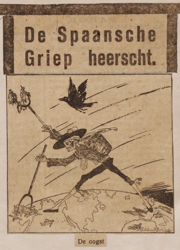 De oogst The Spanish Flu rules Cartoon from a Dutch newspaper 1918 1919