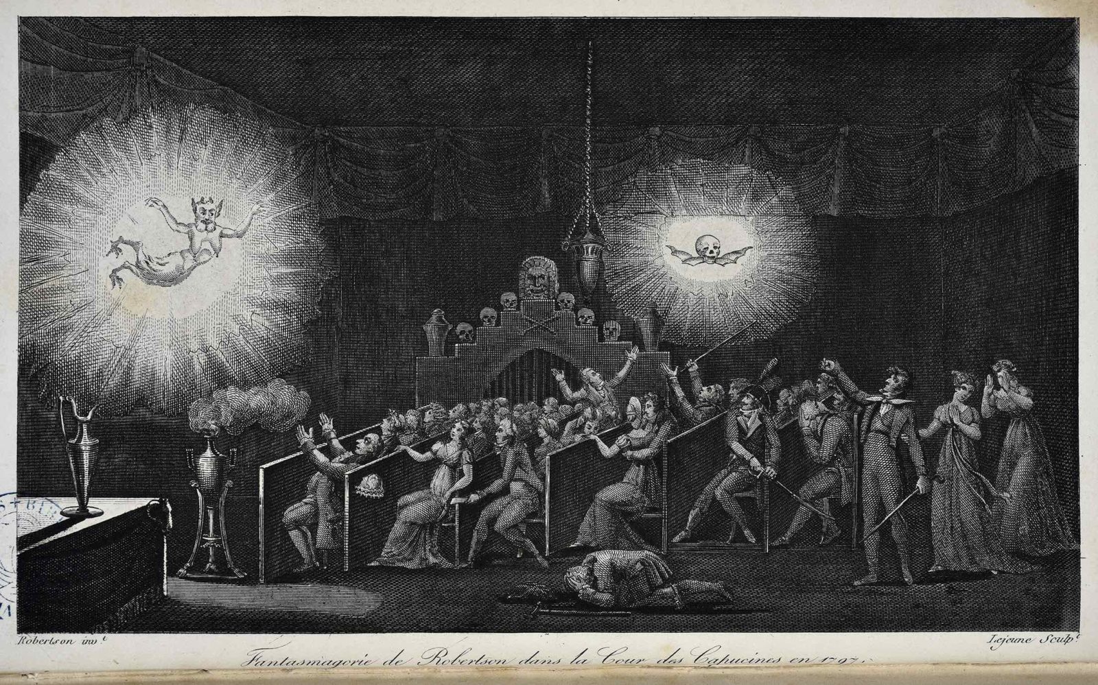 La Fantasmagorie Le physicien Robertson Fantasmagorie de Robertson dans la cour des Capucines en 1797 gravure