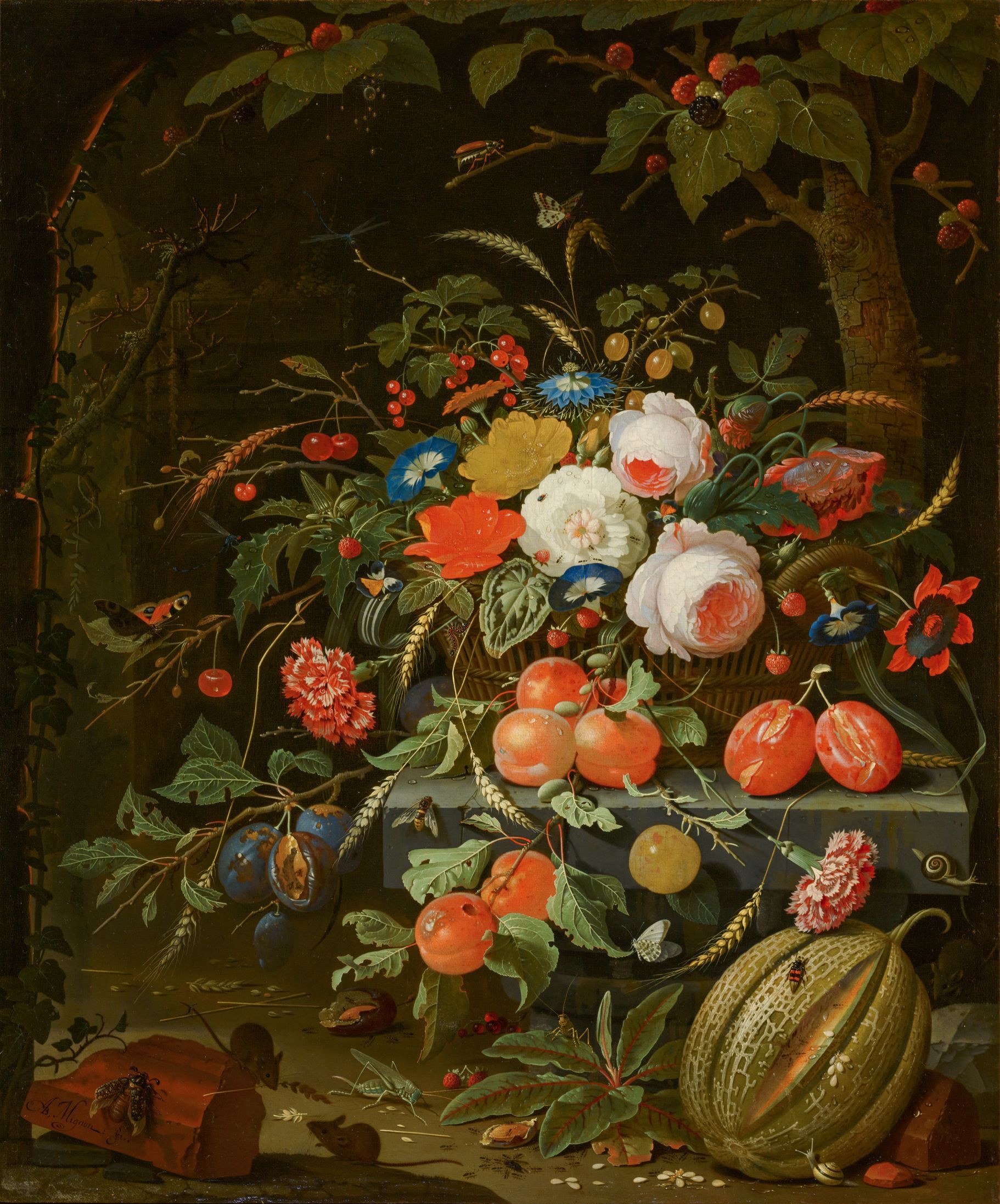 Petite Abraham Mignon Stilleven met bloemen en vruchten c 1670 Doek 75 x 63 cm Mauritshuis Den Haag