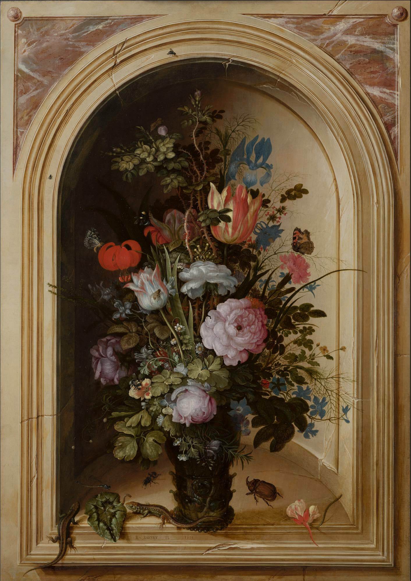 Savery Vaas met bloemen in een stenen nis 1615 Mauritshuis Den Haag