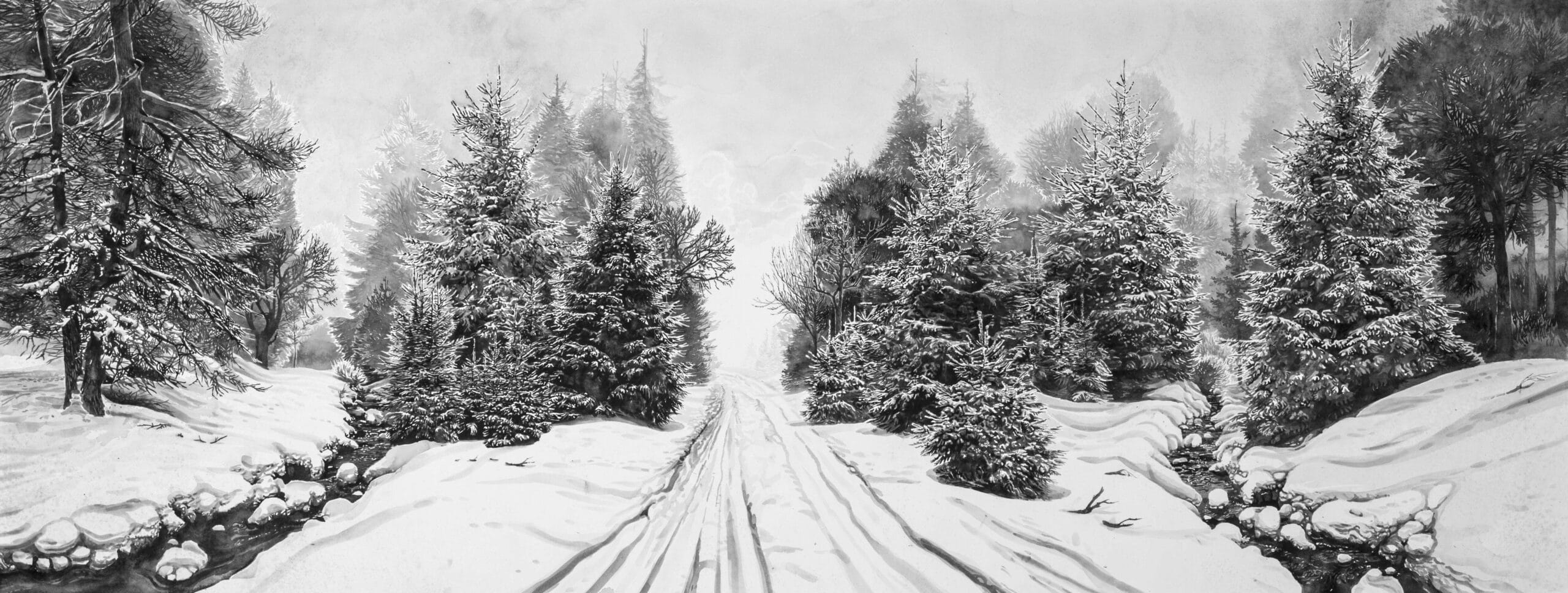 Snow Landscape streamlets and road min